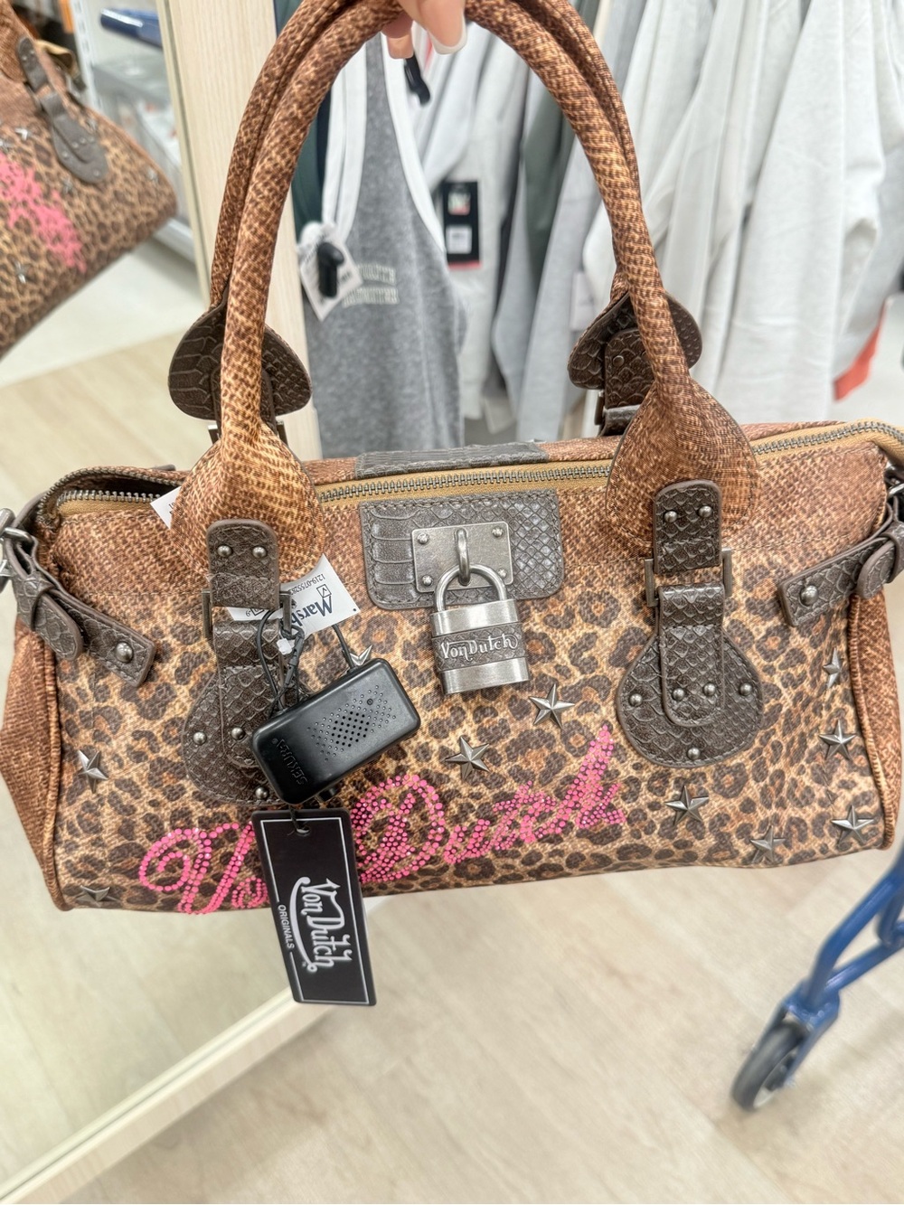Von Dutch Leopard-Print Satchel with Pink Logo